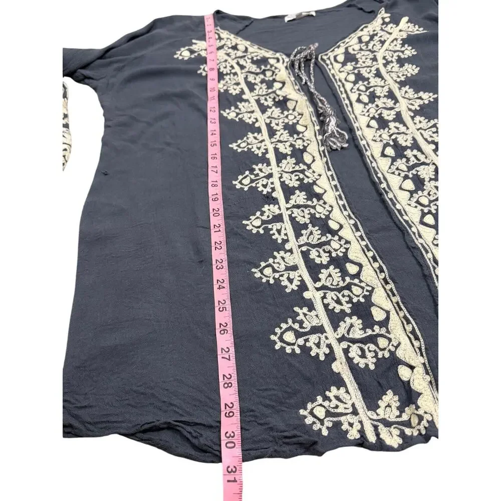 Embroidered Navy Open-Front Women's Swim Coverup Kimono - Picture 6 of 10